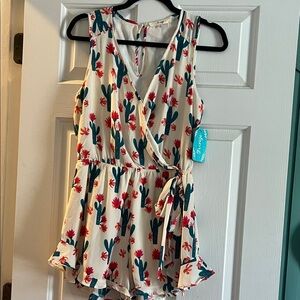 Fringe Studio Cream Romper with Teal Cactus and Red Flowers